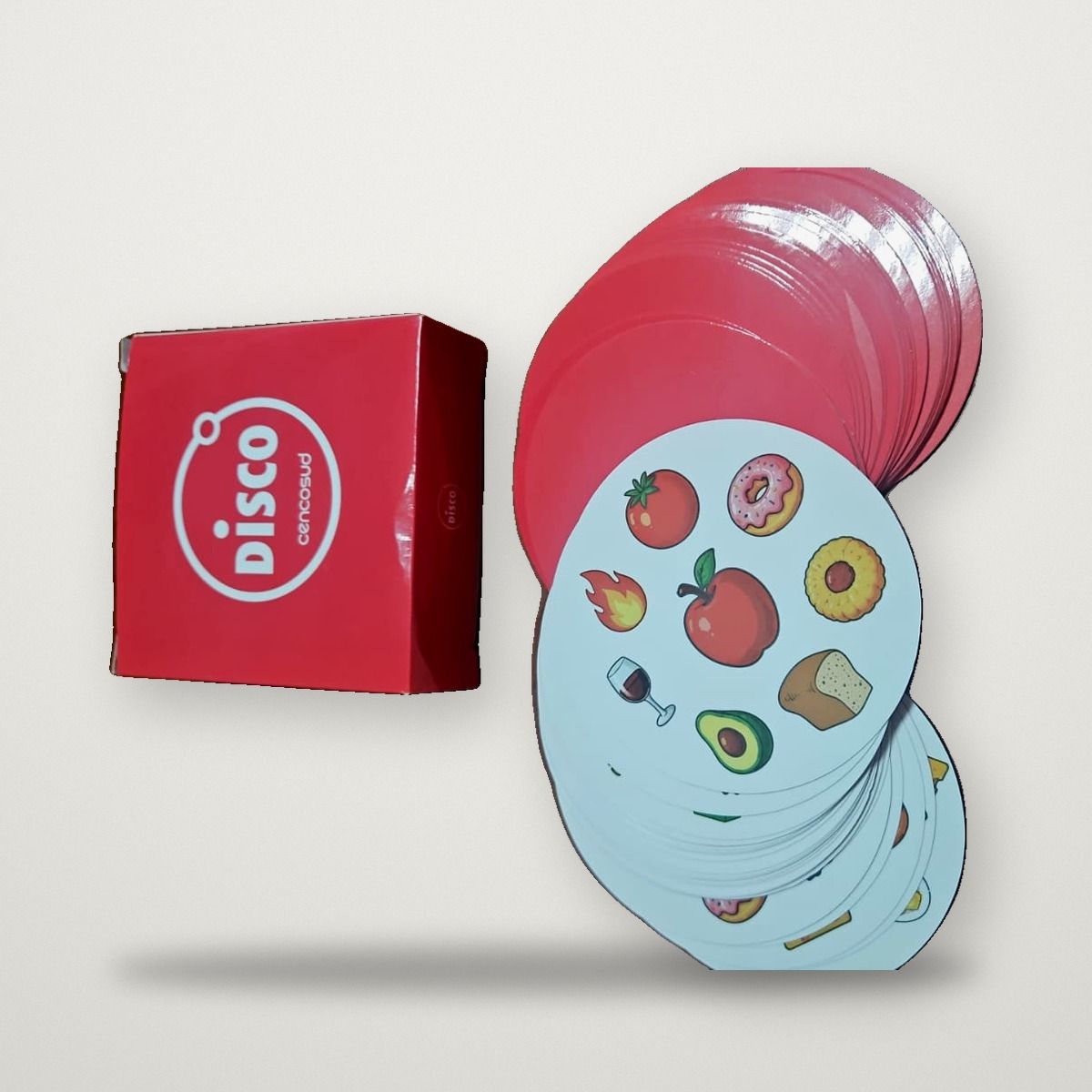 Juego de cartas redondas con símbolos de alimentos y caja roja personalizada para Disco